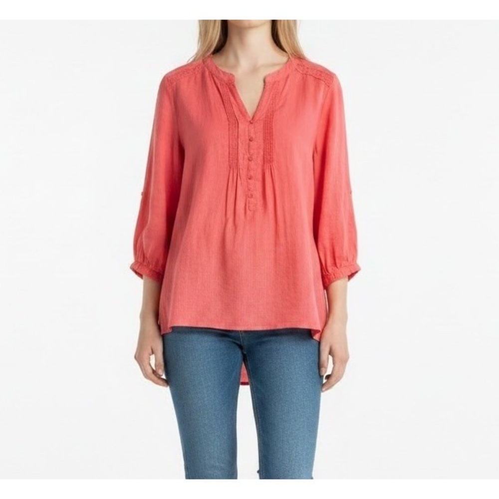 Linen Tunic Top Womens Plus Size 18 Coral Pintuck 3/4 Sleeve Blouse Resort